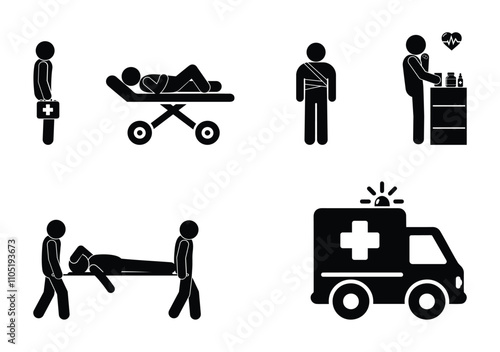 ambulance, set of icons, stick figure, stickman man, isolated silhouettes, medicine symbol, paramedics helping people