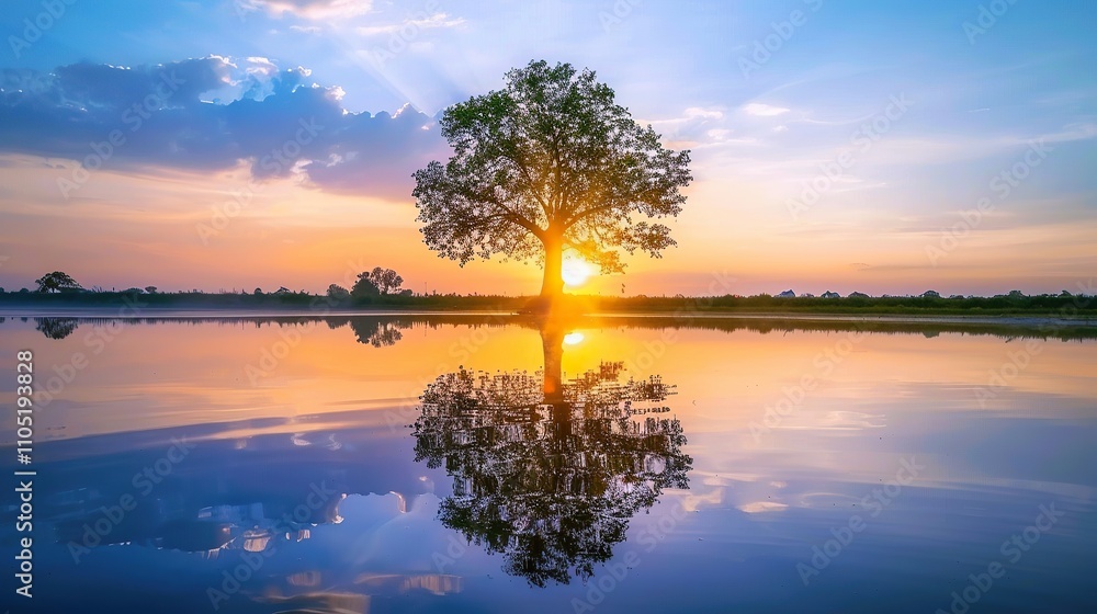 Silhouette of a Tree at Sunset Reflected in a Still Lake Silhouette of a Tree at Sunset Reflected in a Still Lake