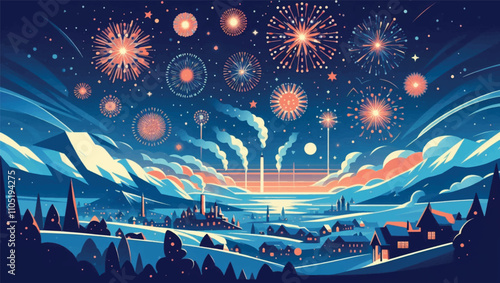 illustration of the night sky filled with fireworks, welcoming the arrival of the new year