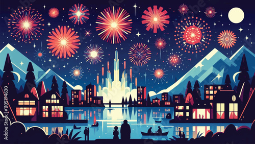 illustration of the night sky filled with fireworks, welcoming the arrival of the new year