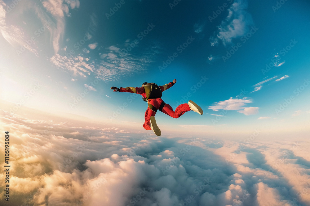 Parachutist with parachute makes heavenly adventure against on landscape