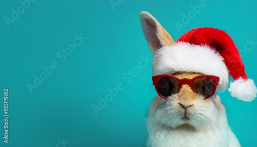 In the summer of winter, marry christmas text,winter is a winter holiday with cool messages - rabbit , Weihnachtmann Nikolausmütze, Sonnenbrille und roter Nase, isoliert auf türkisem hintergrund.copy 