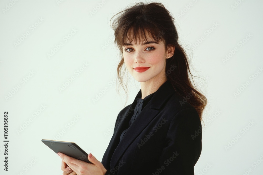 young businesswoman in a black suit holding a tablet - studio portrait on white background young businesswoman in a black suit holding a tablet - studio portrait on white background