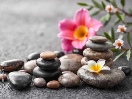 Zen spa stones arranged in a calming and balanced display, interspersed with delicate flowers, zen garden, relaxation