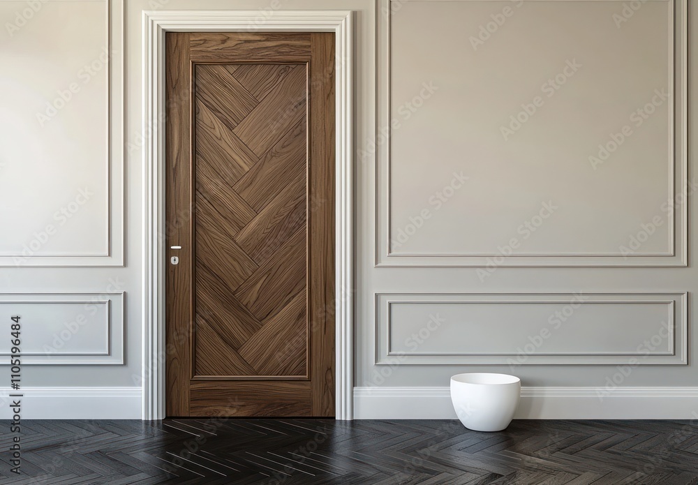 A walnut herringbone door against soft off-white walls and grey baseboards.
