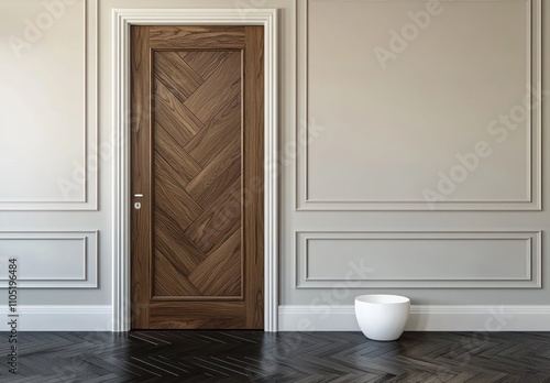 Obraz na płótnie A walnut herringbone door against soft off-white walls and grey baseboards. w salonie