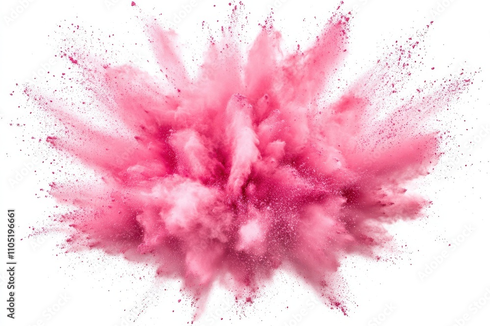A dynamic burst of pink powder spreading outward in an irregular pattern A dynamic burst of pink powder spreading outward in an irregular pattern