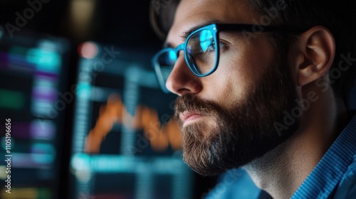 The image shows a focused man wearing glasses analyzing complex data charts on multiple screens in a dark environment, suggesting work in finance, data science, or technology.