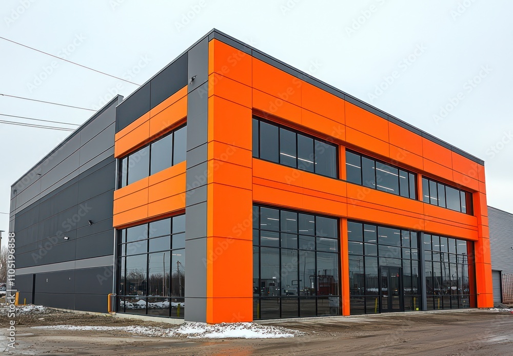 A bold orange and gray warehouse with dark tinted windows in an industrial location.