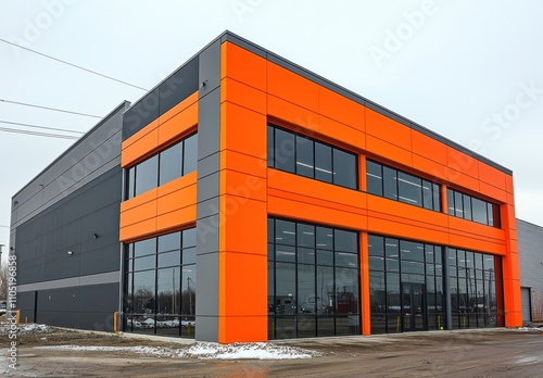 Obraz na płótnie A bold orange and gray warehouse with dark tinted windows in an industrial location. w salonie