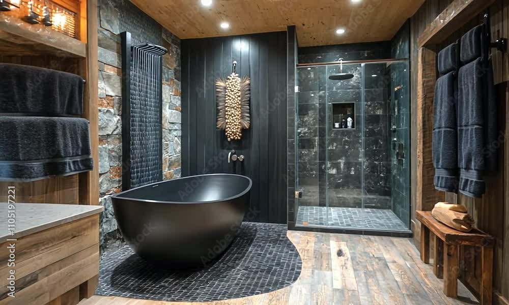 Modern bathroom featuring a freestanding black tub, glass shower, and wooden accents. Modern bathroom featuring a freestanding black tub, glass shower, and wooden accents.