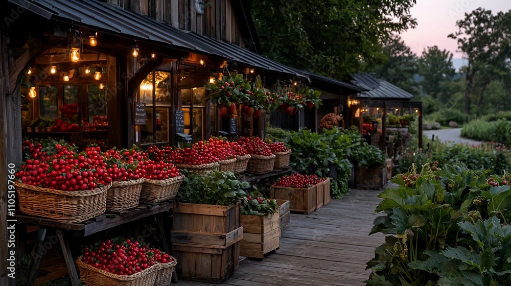 Rustic farm stand brimming with fresh red berries at dusk. Rustic farm stand brimming with fresh red berries at dusk.