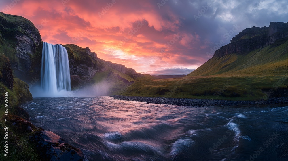 Fototapeta premium Dramatic sunset over a waterfall cascading into a river, surrounded by lush green hills and dramatic clouds.
