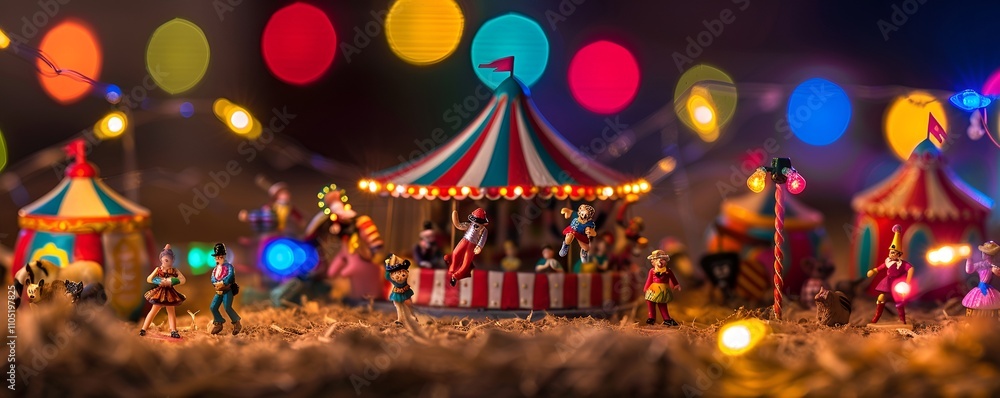 Whimsical Miniature Circus Scene with Carousel and Tents Whimsical Miniature Circus Scene with Carousel and Tents