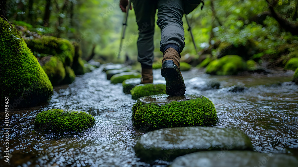 Hiking Boots on Mossy Rocks in a Forest Stream Hiking Boots on Mossy Rocks in a Forest Stream