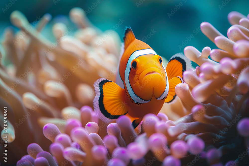 Fantastically beautiful bright clownfish swims in deep sea among corals Fantastically beautiful bright clownfish swims in deep sea among corals