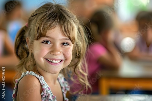 Smiling little girl in classroom.
