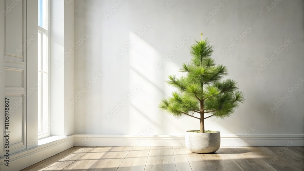 Serene Small Pine Tree in Bright White Room with Light Walls Evoking Calmness and Nature's Beauty in a Minimalist Setting, Perfect for Interior Design and Relaxation Themes Serene Small Pine Tree in Bright White Room with Light Walls Evoking Calmness and Nature's Beauty in a Minimalist Setting, Perfect for Interior Design and Relaxation Themes
