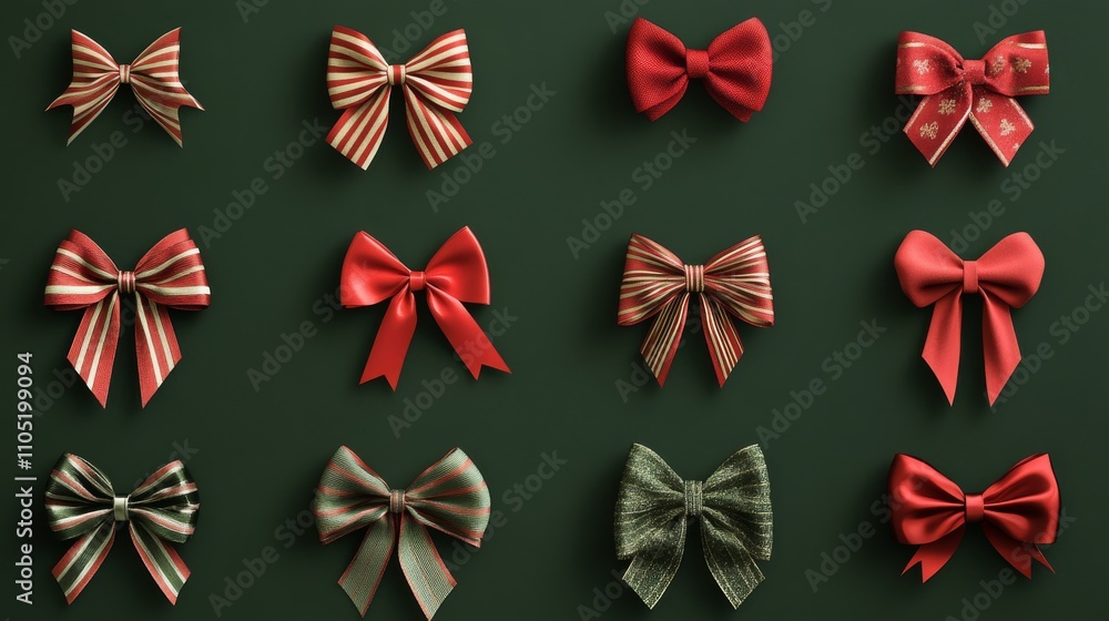 festive bow collection, red and green striped ribbon, symmetrical bow design, holiday gift wrapping, shiny satin material, delicate white outline, seasonal decoration, minimalist winter style festive bow collection, red and green striped ribbon, symmetrical bow design, holiday gift wrapping, shiny satin material, delicate white outline, seasonal decoration, minimalist winter style