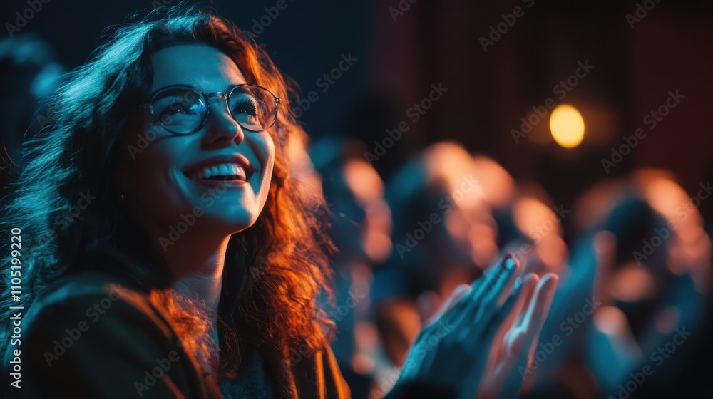 A lively audience seated in a dimly lit theater clapping enthusiastically A lively audience seated in a dimly lit theater clapping enthusiastically
