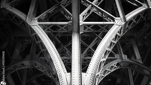 A black and white photograph of the intricate steelwork beneath the Eiffel Tower. 