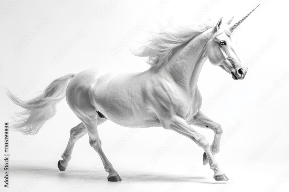 A majestic white unicorn mid step with a flowing mane and tail A majestic white unicorn mid step with a flowing mane and tail