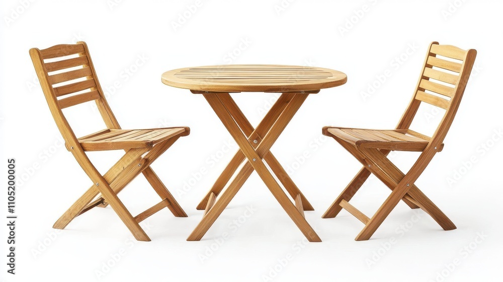 A minimalist wooden bistro set featuring a round table with crossed legs and two matching chairs with slatted backs A minimalist wooden bistro set featuring a round table with crossed legs and two matching chairs with slatted backs