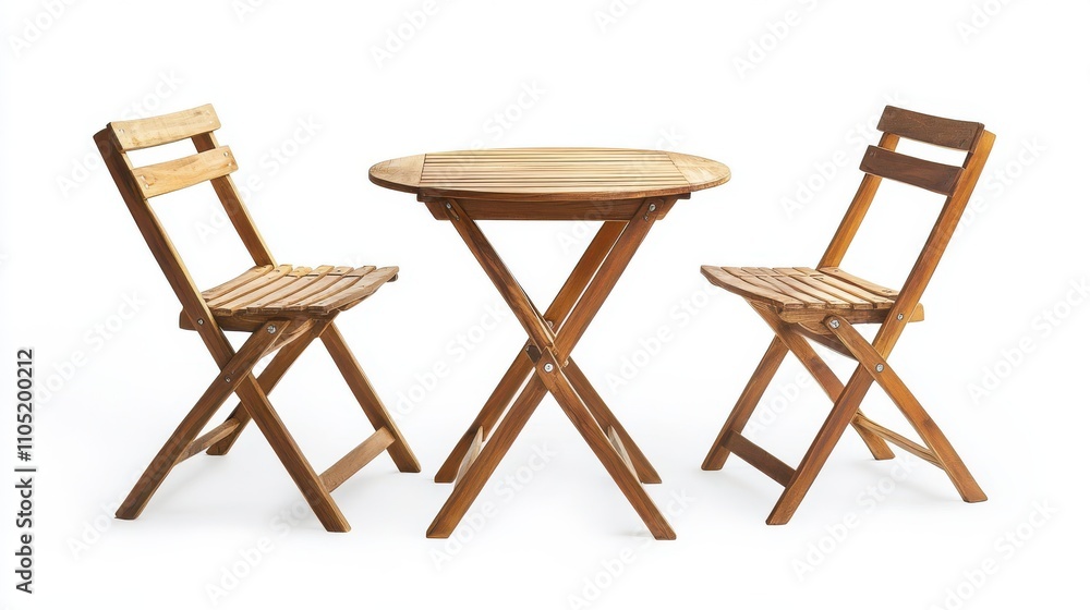 A minimalist wooden bistro set featuring a round table with crossed legs and two matching chairs with slatted backs A minimalist wooden bistro set featuring a round table with crossed legs and two matching chairs with slatted backs