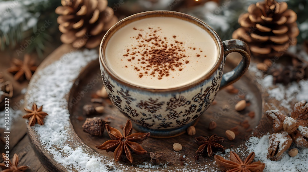 Cozy and festive winter scene featuring a hot cocoa or coffee drink in a mug surrounded by cinnamon sticks star anise nutmeg pine cones and evergreen sprigs on a snowy rustic surface The warm Cozy and festive winter scene featuring a hot cocoa or coffee drink in a mug surrounded by cinnamon sticks star anise nutmeg pine cones and evergreen sprigs on a snowy rustic surface The warm