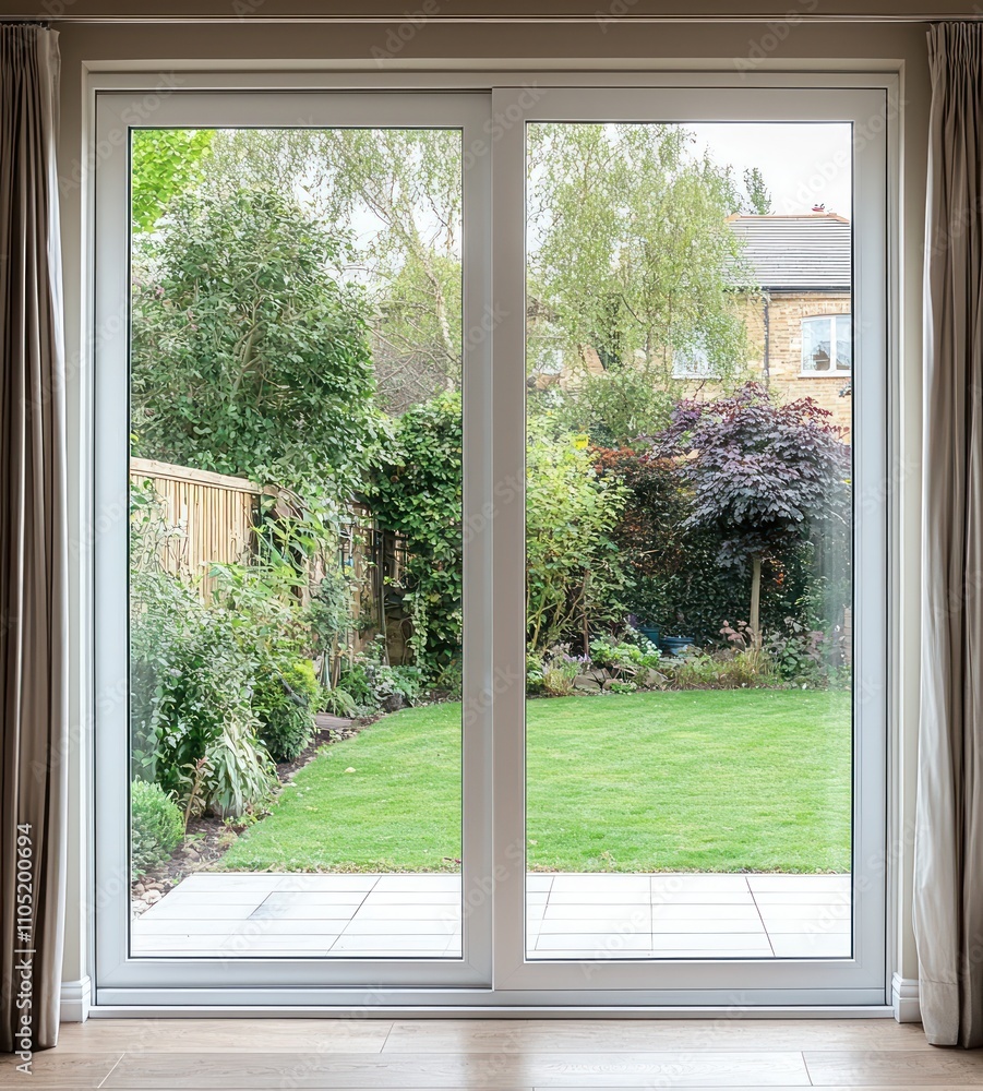 Bright white triple sliding doors opening to a view of the backyard garden.
