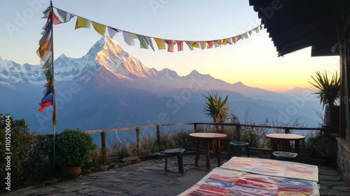 Sunrise over Fish Tail Mountain from Poon Hill viewpoint. AI generative photo