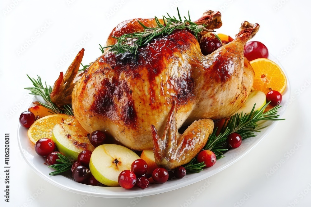 A perfectly roasted turkey placed on an oval platter garnished with fresh rosemary A perfectly roasted turkey placed on an oval platter garnished with fresh rosemary