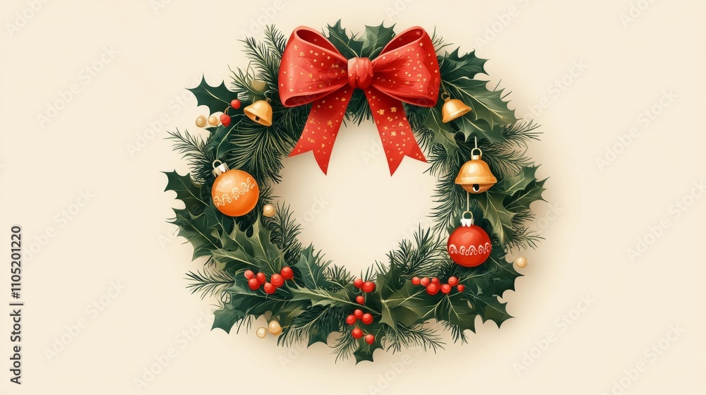 Holiday door wreath illustration, lush emerald greenery, bold crimson silk bow, golden string pearls woven throughout, soft orange-pink baubles, harmonious twin bell arrangement, clean vector graphic Holiday door wreath illustration, lush emerald greenery, bold crimson silk bow, golden string pearls woven throughout, soft orange-pink baubles, harmonious twin bell arrangement, clean vector graphic
