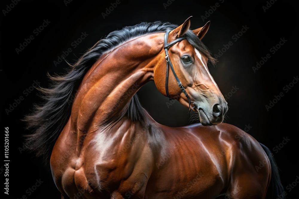Obraz premium Stunning Portrait of a Majestic Bay Stallion on a Dark Background, Capturing the Power and Grace of Equine Beauty in Urban Exploration Photography Style