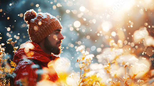 Winter Serenity: A bearded man in a warm knit hat and jacket stands peacefully amidst a snowy landscape, bathed in the golden light of the setting sun. photo