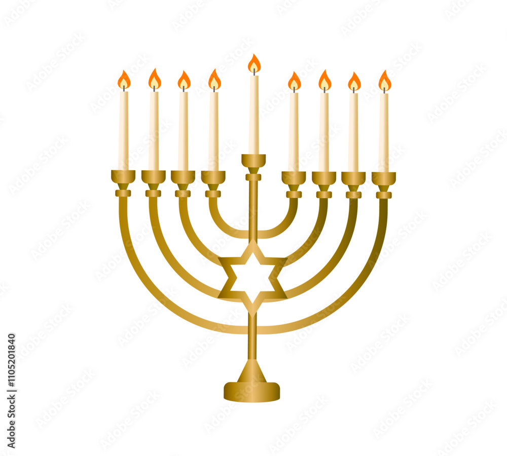 Hanukkah isolated Golden realistic menorah, candlestick with burning candles, traditional Hanukkah candelabrum, Jewish decoration, Vector illustration Hanukkah isolated Golden realistic menorah, candlestick with burning candles, traditional Hanukkah candelabrum, Jewish decoration, Vector illustration
