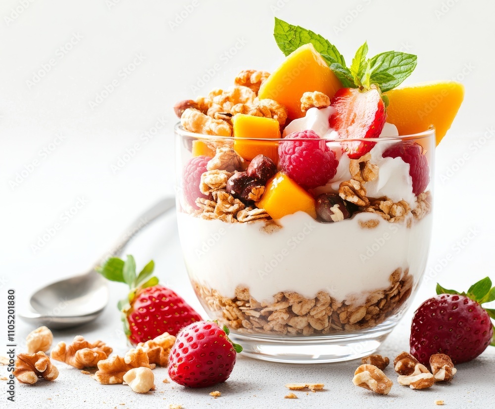 Summer Berry Yogurt Parfait: A delightful and healthy breakfast parfait layered with creamy yogurt, crunchy granola, juicy strawberries, raspberries, and sweet mango slices, garnished with fresh mint. Summer Berry Yogurt Parfait: A delightful and healthy breakfast parfait layered with creamy yogurt, crunchy granola, juicy strawberries, raspberries, and sweet mango slices, garnished with fresh mint.