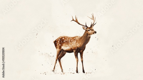 Natural wildlife art, warm brown watercolor shades, delicate white spot details, rustic antler rendering, gentle eye expression, refined deer silhouette, careful anatomical proportions, ethereal photo