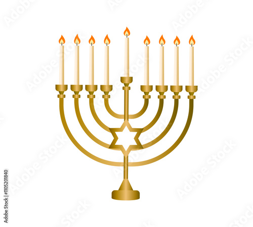 Hanukkah isolated Golden realistic menorah, candlestick with burning candles, traditional Hanukkah  candelabrum, Jewish decoration, Vector illustration