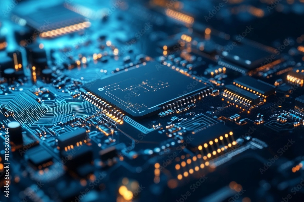 Close-up of a circuit board, containing integrated electronic components, Future Technology Digital Data. Big Data deep learning concept. Close-up of a circuit board, containing integrated electronic components, Future Technology Digital Data. Big Data deep learning concept.