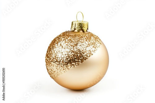 A shiny gold Christmas ornament with a glittery textured design on one half