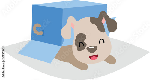 Cute puppy under cardboard box