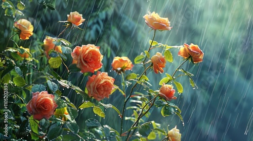 Blooming roses in autumn rain photo