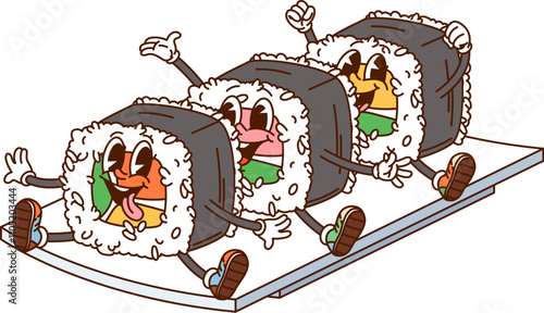 Cartoon Japanese rolls groovy fast food characters sitting on a plate. Isolated vector cute hippie Asian, japan food personages with joyful smiles, radiating fun and culinary adventure with funky vibe