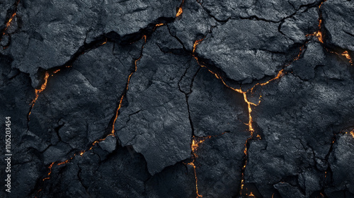 Natural volcanic terrain with molten lava cracks shown. AI generative photo