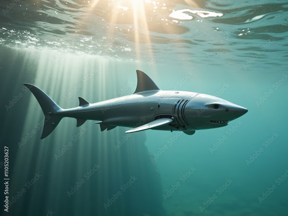 Futuristic Robotic Shark Gliding in Clear Sunlit Waters Futuristic Robotic Shark Gliding in Clear Sunlit Waters