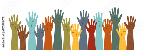 Multicolored hands raised up. The concept of friendship, peace, equality, racial diversity, inclusivity. Teamwork concept. Vector clipart.