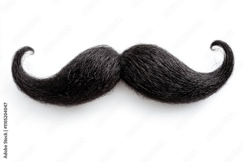 A thick curled black mustache with textured strands neatly styled and symmetrical A thick curled black mustache with textured strands neatly styled and symmetrical