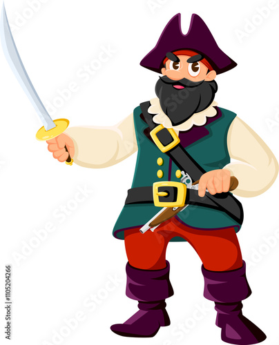 Cartoon pirate, privateer sailor comical character. Corsair sailor crew skipper isolated vector mascot, filibuster bandit boatswain character or Caribbean pirate captain armed with pistol and sabre