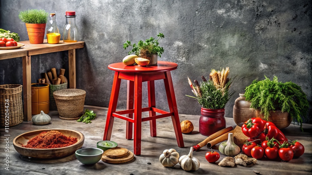 Vibrant Red Stool on a Rustic Cement Floor Surrounded by Delicious Gourmet Food and Fresh Ingredients for a Captivating Food Photography Experience Vibrant Red Stool on a Rustic Cement Floor Surrounded by Delicious Gourmet Food and Fresh Ingredients for a Captivating Food Photography Experience